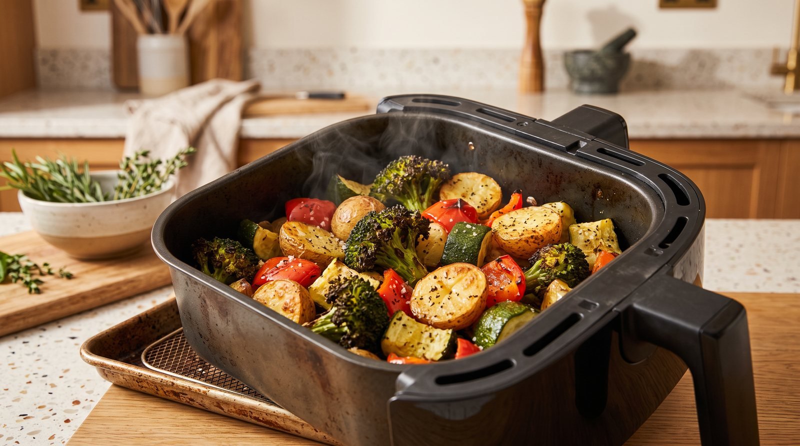 Crispy golden roasted vegetables in an open air fryer basket
