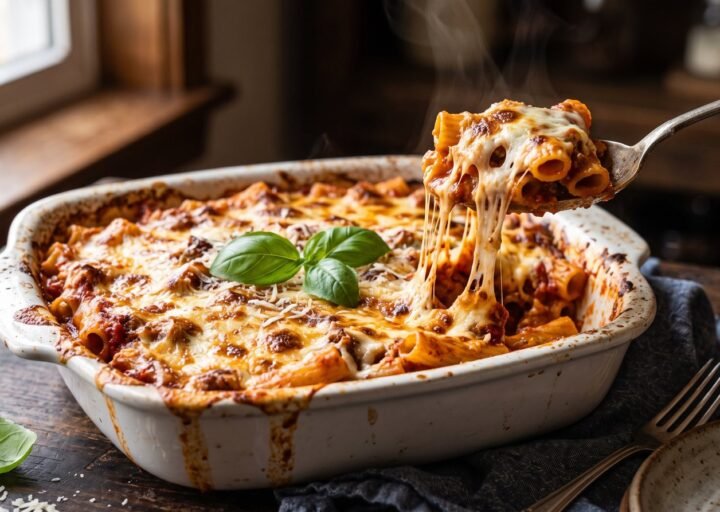 A bubbling baked pasta dish with browned melted cheese being served with a spoon