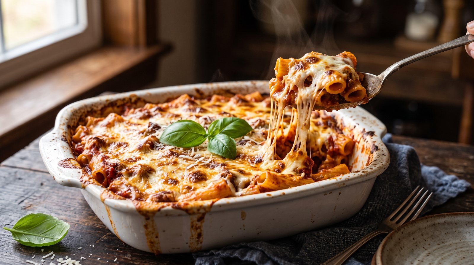 A bubbling baked pasta dish with browned melted cheese, fresh from the oven