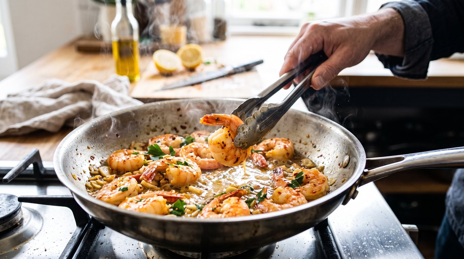 A fast garlic butter prawn skillet dinner being finished in a pan