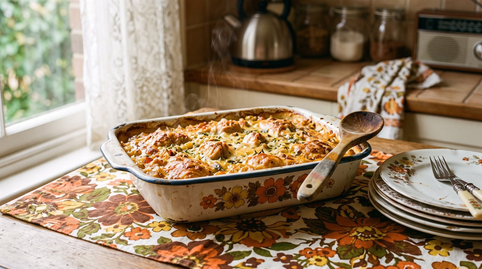 A golden-topped chicken and rice casserole in a vintage enamel dish on a floral tablecloth