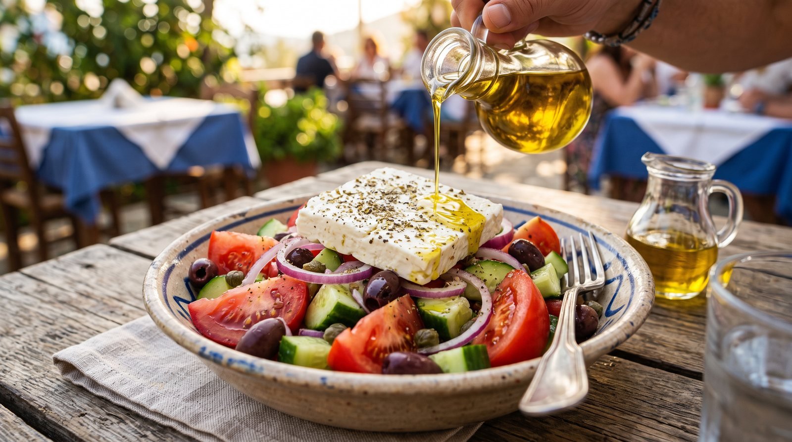 A classic Greek salad with feta, olives, tomato and cucumber