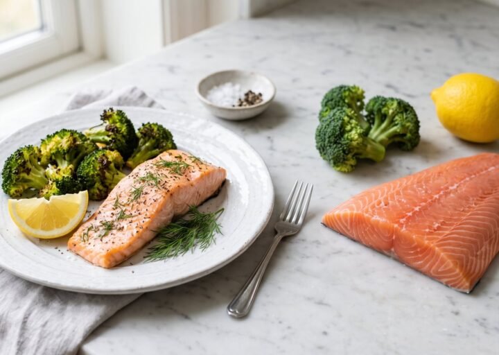 A plate of baked salmon with roasted broccoli and lemon beside its three raw ingredients