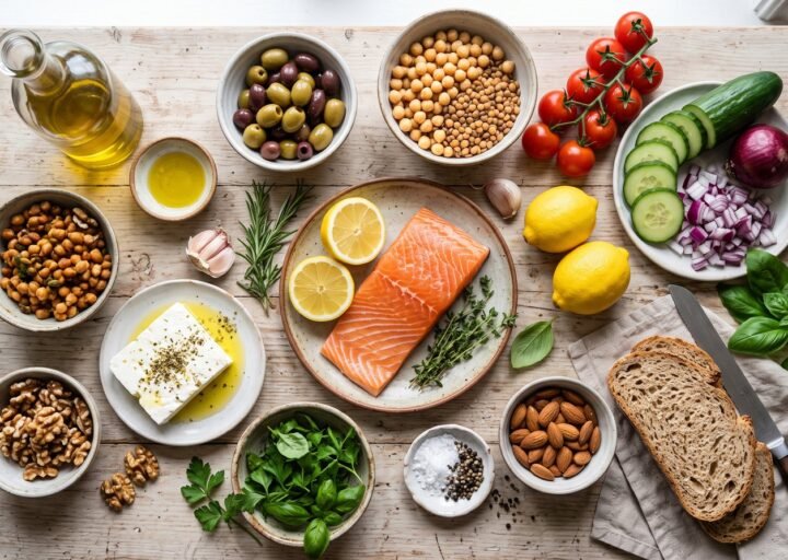 An overhead spread of Mediterranean diet staples including olive oil, olives, chickpeas, lentils, vegetables, salmon, bread and nuts