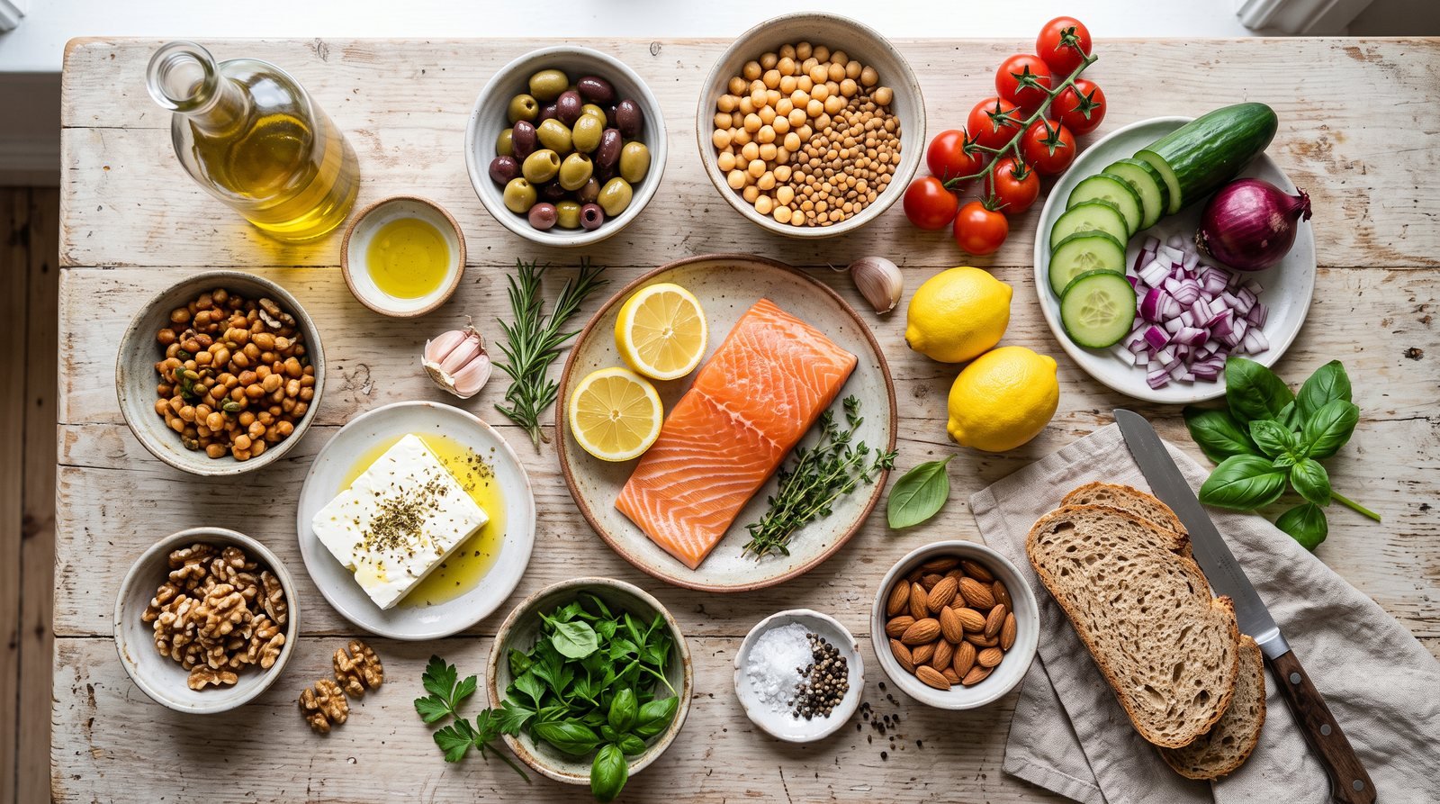 An overhead spread of Mediterranean diet staples including olive oil, olives, chickpeas, vegetables, fish and nuts
